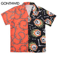GONTHWID Skull Chain Bone Print Color Block Patchwork Hawaiian Shirts Hip Hop Casual Short Sleeve Button Down Tops Streetwear 2024 - buy cheap