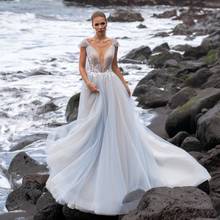 2021 Beach Light Blue Wedding Dresses Deep V-Neck Lace Appliques Bridal Gowns Sexy Backless Sweep Train A-Line Vestido De Novia 2024 - buy cheap