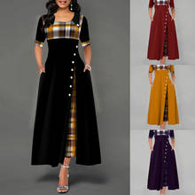 Vestido feminino casual assimétrico, vestido com estampa xadrez botões, nova remessa, meia manga redonda plus size, vestidos de festa 2024 - compre barato