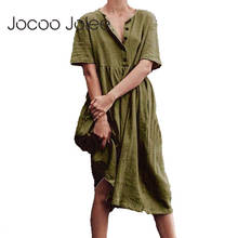 Jocoo Jolee женское платье летнее на пуговицах с коротким рукавом однотонное свободное винтажное платье-миди из хлопка и льна минималистичное прямое платье 2024 - купить недорого