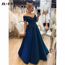 Dark Blue Off Shoulder Evening Dresses Long with Pockets Deep V-Neck Satin Floor Length Prom Party Gown Evening Dress 2024 - buy cheap