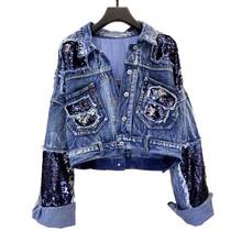 2020 Autumn Sequins Spliced Denim Jacket For Women Loose Fashion Harajuku BF Short Jean Coat female Fashion Vintage Holes Tops 2024 - buy cheap