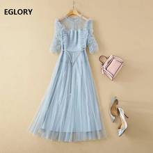 High Quality Brand New 2021 Spring Summer Dress for Women Beading Belt Deco Pleated Sleeve Polka Dot Print Sexy Blue Mesh Dress 2024 - buy cheap