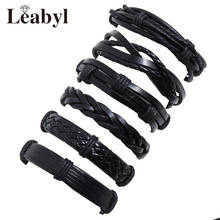 Leabyl Hot Classic Retro Cow Leather Black Wrap Vintage Bracelet Set Multi Layer Braided Cowhide Leather Punk Men Bracelet 2024 - buy cheap