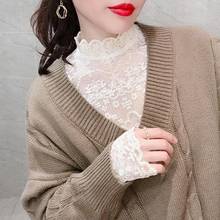 Женская блузка для женщин с высоким, плотно облегающим шею воротником с кружевом осень-зима свитер в дырочку одежда из марлевой ткани кружевной сетчатый Топ Blusas Ropa De Mujer; Большие размеры 2024 - купить недорого