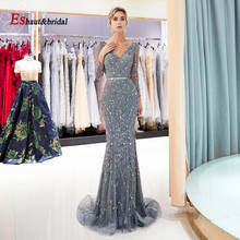 Vestido de noche de sirena elegante hecho a mano, manga larga de cristal, cuello en V, lentejuelas, Sexy, de lujo, Formal, para fiesta, 2021 2024 - compra barato