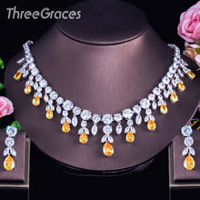 ThreeGraces Luxury Brand Yellow Cubic Zirconia Big Dangle Drop Earrings and Necklaces Women Wedding Costume Jewelry Sets JS266 2024 - buy cheap