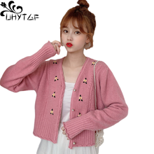 UHYTGF Pink Sweaters Female Cute Girl Knitted Autumn Coat Cardigan For Women Long Sleeve V-Neck Casual Short Tops Jacket 1296 2024 - buy cheap