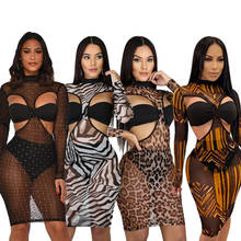 BKLD Fashion Animal Printed Mesh Sheer Long Sleeve Bodycon Mini Dress Autumn Women Party Sexy Cut Out Dress With Bra And Panties 2024 - buy cheap
