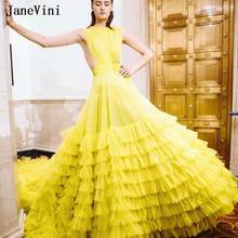 Janevini 2020 encantador dubai design vestido amarelo em camadas babados longo trem sem alças tule a linha feminina vestidos de baile de formatura tamanhos grandes 2024 - compre barato