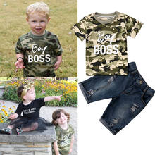 Conjunto de roupa para meninos pudcoco usps, vestuário de verão para crianças de 0 a 6 anos, camisa com estampa top e calças com buracos, 2 peças 2024 - compre barato