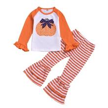 Conjunto de ropa informal para niños y niñas, camiseta de calabaza, pantalones largos a rayas, traje de Halloween con volantes, 2 piezas, otoño 2024 - compra barato