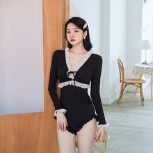 2021 New Black Sexy One-Piece Swimsuit Female V-Neck Fold Lace Border Bow Dotted Hot Spring Long-Sleeved Korean Girl Student 2024 - buy cheap