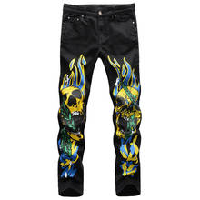ABOORUN 2021 Men's Fashion 3D Skull Flame Printed Jeans Plus Size 42 Graffiti Pencil Denim Pants for Male 2024 - buy cheap