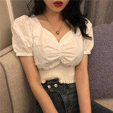 Chic Retro Slim Square Collar Ruffles Shirts Puff Sleeve Blouses Wild Short Sleeve High Waist OL Pleated Tops Blusas 2020 2024 - buy cheap