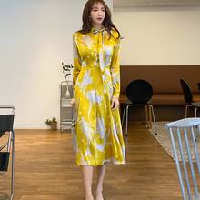 High Quality Office Bow Collar Maxi Dresses Women's Runway Designer Long Sleeve Vintage Printing Fashion Loose A-line Dress 2024 - buy cheap