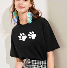 Camiseta estampa de pata de cachorro, camiseta feminina engraçada, de algodão, com gola redonda, manga curta, preto e branco, para o verão, camisetas soltas 2024 - compre barato