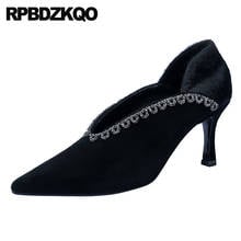 Suede Pumps Thin High Heels Pointed Toe Rhinestone 3 Inch Shoes Stiletto Black Fashion Medium Ladies Slip On Diamond Crystal 2024 - buy cheap