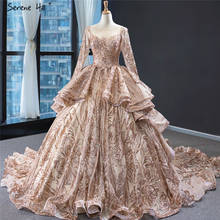 Vestido de noiva luxuoso dourado, com gola redonda, manga comprida, brilhante, sexy, feito sob encomenda, inclui sorvete 2024 - compre barato