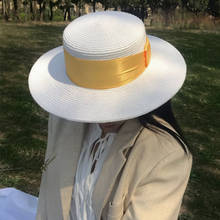 Chapéu de palha feminino branco, trançado, fita grande, aba larga, derby, boné de palha, chapéu de sol, verão, praia, chapéu sailor trilby 2024 - compre barato