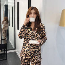 Spring Leopard Printing Pajamas Womens Long Sleeves Nobility Home Wear Satin Sleepwear Loungewear Home Clothes Two Piece Pj Set 2024 - buy cheap
