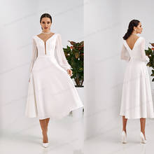 Elegante vestido De novia De manga larga, Blanco satinado, largo hasta el tobillo, escote en V, personalizado, 2021 2024 - compra barato