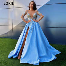 Lorie azul cetim vestidos de baile manga longa flores rendas apliques formais vestidos de noite plus size ilusão beleza pageant vestidos 2024 - compre barato