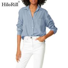 HiloRill Women Casual Long Sleeve Office Blouse 2021 Solid Turn Down Collar Shirt Tops Loose Pocket Blouses Tunic Blusas Mujer 2024 - buy cheap