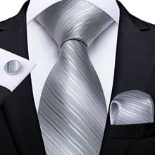 DiBanGu Mens Necktie Silver Gray Striped Design Silk Wedding Tie For Men Tie Hanky Cufflink Tie Set Business Party Dropshipping 2024 - buy cheap