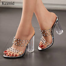 Kcenid Women crystal clear transparent sandals slippers women fashion rivets block high heels slide chunky mules wedding shoes 2024 - buy cheap