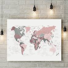 Mapa mundi de lona impresso, blush, rosa, caçador, mapa verde, poster do mundo, decoração de dormitórios, arte de parede, pintura, imagem, decoração 2024 - compre barato
