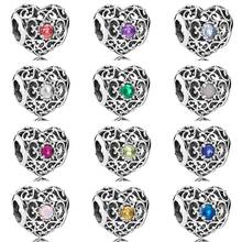 QANDOCCI-cuentas de cristal con forma de corazón, accesorio con piedra de nacimiento, compatible con pulsera Pandora, brazalete, joyería de plata de ley 925 2024 - compra barato