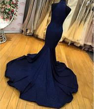 Elegant Long Prom Dress 2022 Real Picture Sleeveless Sparkly Navy Blue Mermaid Prom Dresses 2024 - buy cheap