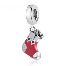 Authentic S925 Silver Beads Red Enamel Festive Stocking Pendant Hanging Charm fit Lady Bracelet Bangle DIY Jewelry 2024 - buy cheap