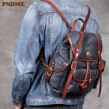 PNDME fashion vintage luxury genuine leather men's women's backpack casual designer cowhide outdoor daily travel laptop bagpack 2024 - buy cheap