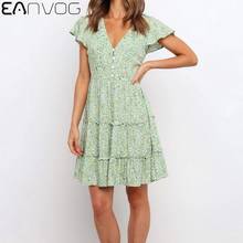 Women Dress Female Floral Print V-Neck Casual Mini Sundress Ladies Short Sleeve Dresses Lotus Leaf Buttons 2021 Summer Dress 2024 - buy cheap