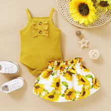 Новая летняя одежда для новорожденных девочек комплект из 2 предметов, летний модный Повседневный однотонный комбинезон на бретельках + юбка с цветочным принтом 2024 - купить недорого