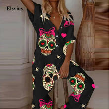 Fashion Cartoon Skull Print Jumpsuit 2021 Spring Summer Casual Button Loose Overalls Bodysuit Women Short Sleeve Romper Playsuit 2024 - buy cheap