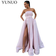 YuNuo A Linha Strapless Rosa Prom Vestidos com Fenda Alta Perna Simples Elegante Longo de Cetim Formal Vestidos Mulheres Do Partido Vestidos N23 2024 - compre barato