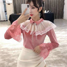 Spring Autumn Women Long Sleeve Velvet Blouse Tie Bow Hollow Out Lace Shirt Female Floral Backless Mesh Blouses Short Tops A1745 2024 - buy cheap