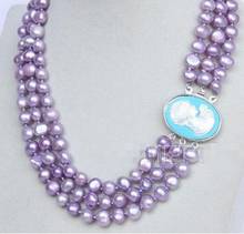 Free Shipping   16"-18" 3row 9mm lavender pearls necklace seashell clasp 2024 - buy cheap