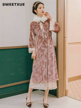 Doce xue vestido retrô temperamento de veludo aprimorado estilo cheongsam vestido feminino de renda com estampa elegante para festa e outono inverno 2024 - compre barato