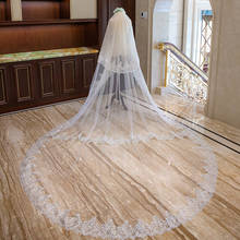 Новая мода 2020 двухслойная Фата невесты длиной 4 метра Кружевная аппликация свадебная вуаль с расческой цвета слоновой кости 2024 - купить недорого