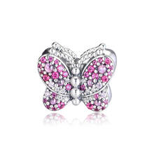 Charms 925 Silver Original Fit Pandora Bracelets Sterling Dazzling Pink Butterfly Beads for diy Women Jewelry 2024 - buy cheap