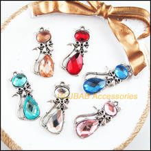 12 New Animal Cat Charms Tibetan Silver Tone Retro Mixed Crystal Pendants 13x29mm 2024 - buy cheap