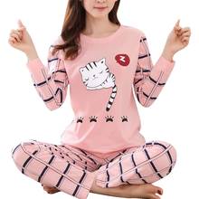 Conjunto de pijama feminino de manga longa, duas peças, moda feminina, outono, primavera, cor rosa, com desenho de gato, casual, gola redonda 2024 - compre barato