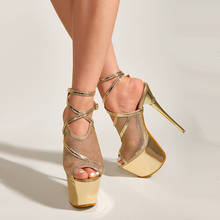 Sandálias femininas, sapatos e sandálias de salto alto 16cm, plataforma gladiadora, sandálias de verão, com tiras cruzadas, sapatos dourados, tamanhos 35-43 2024 - compre barato
