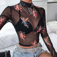 Sexy Women T Shirt See Through Transparent Mesh Tops Long Sleeve Sheer Slim Ladies Turtleneck T-Shirt New Arrival Women tshirt 2024 - buy cheap