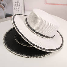 Sombrero de verano para mujer, sombrero de paja con encaje de perlas, negro y blanco, gorra de protección solar de viaje, Top plano, elegante 2024 - compra barato