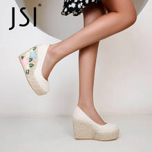 JSI Pumps Woman High Platform Shallow Flock Round Toe Super High Wedge Straw Embroider Flowers Lady Dress Shoes JO973 2024 - buy cheap